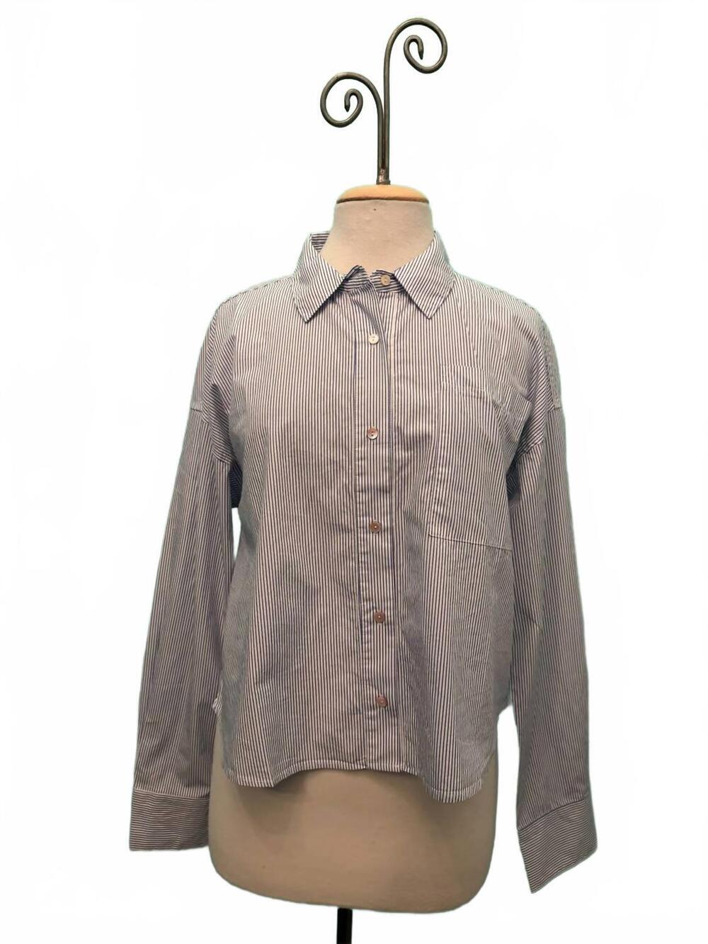 NEW MODODOC women's crop button up shirt in white/denim stripe